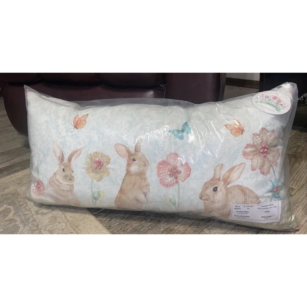 New Throw‎ Pillow Bunny Rabbit Floral Check 14 X 28 Bunny Blvd